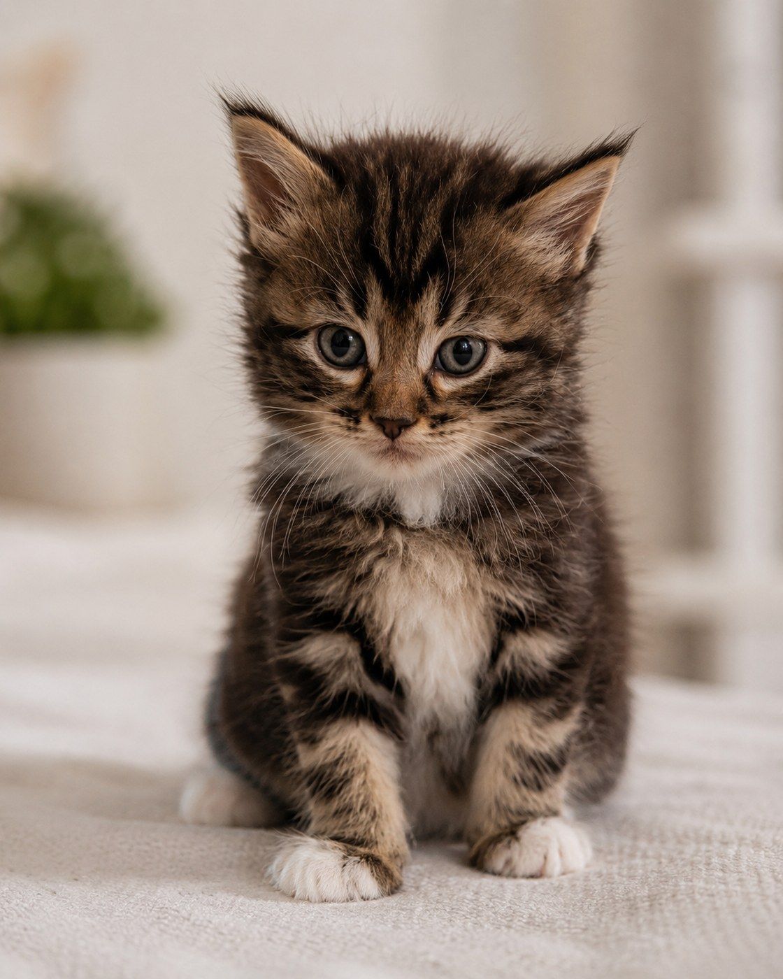 Bear, a generously built classic tabby kitten seated upright, ears forward, meeting the camera directly
