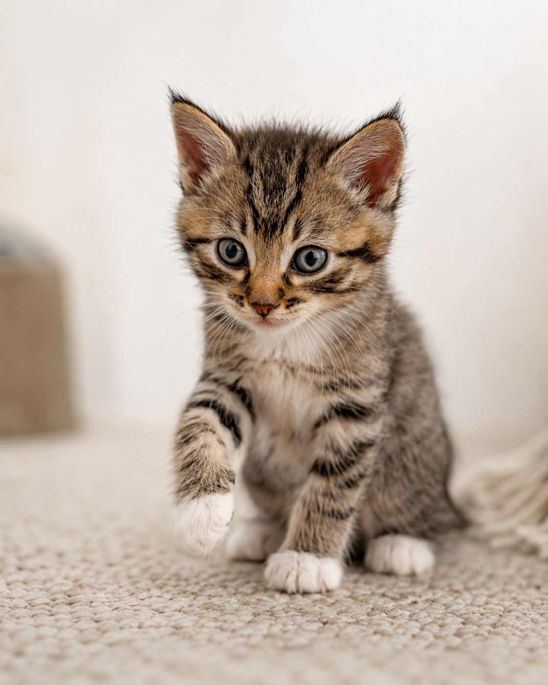 Blaze, a bold-banded tabby kitten mid-step, one white-gloved paw raised, advancing toward the camera