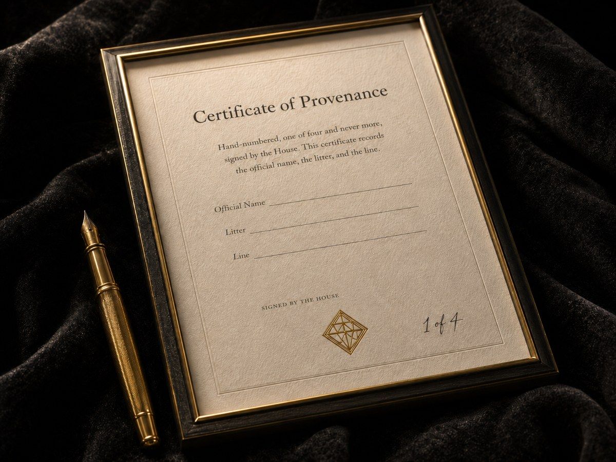 The Certificate of Provenance, framed and hand-numbered