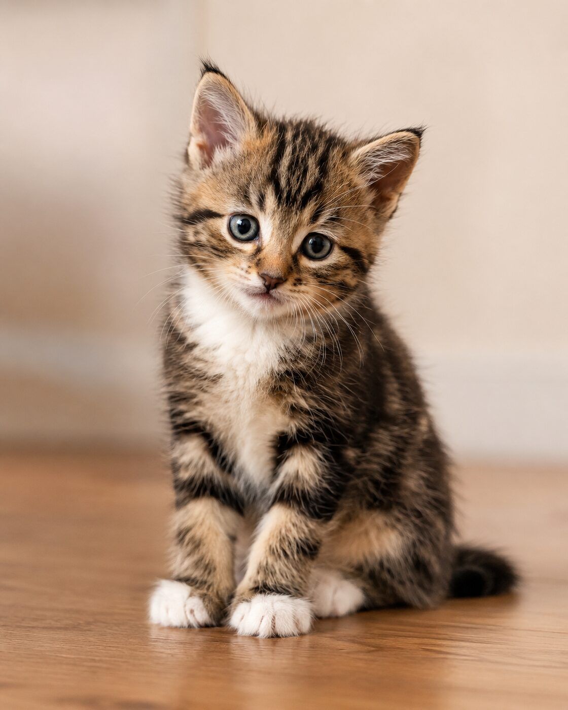 A kitten with head tilted, considering the viewer