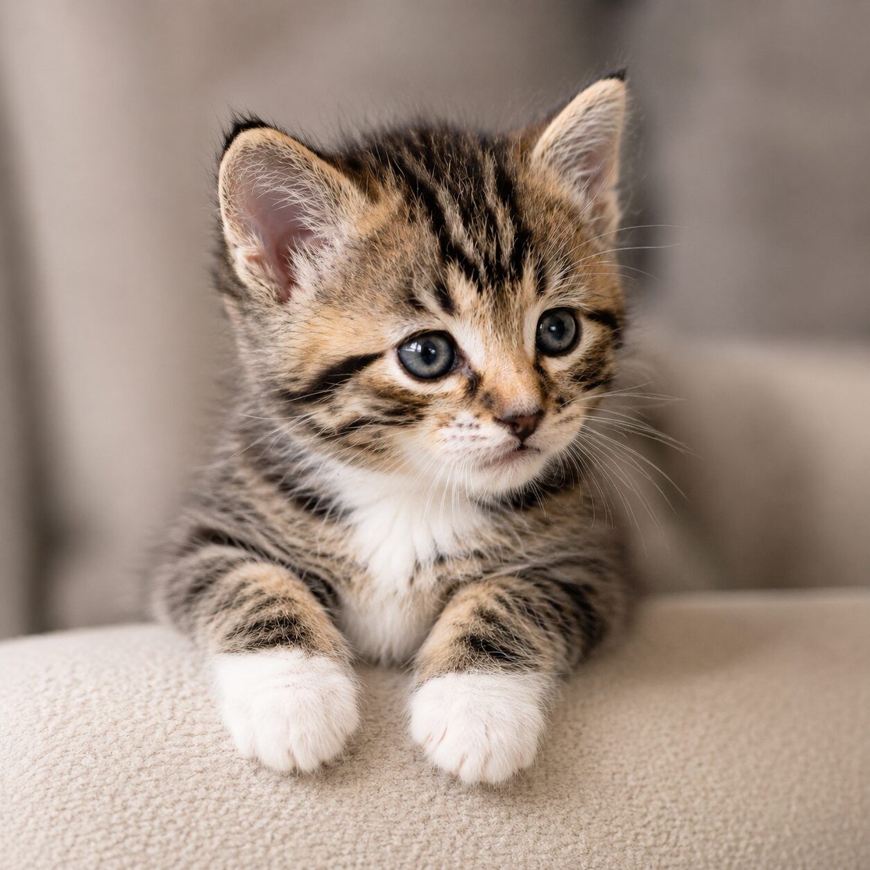 A kitten resting with paws crossed at the edge of a cushion, audience concluded