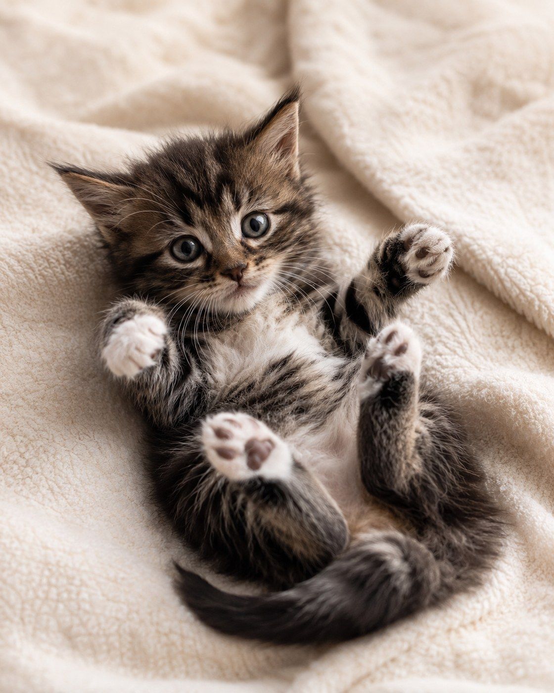 A kitten flat on its back on the blanket, all four paws in the air