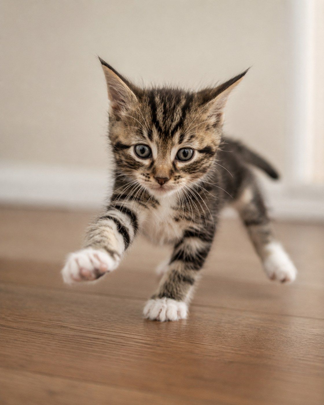 A kitten mid-lunge across the hardwood, front paws stretched forward